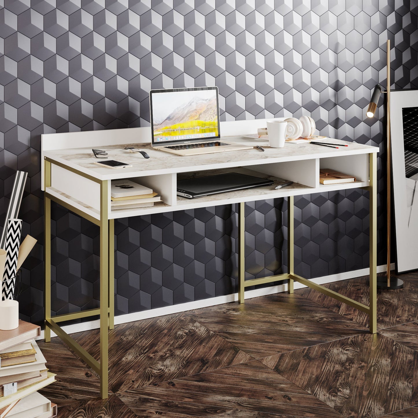 Study Desk Tümata - Gold-TMT47CD01 Gold
White 136 X 66 X 18 by DECOROTIKA | Souqify