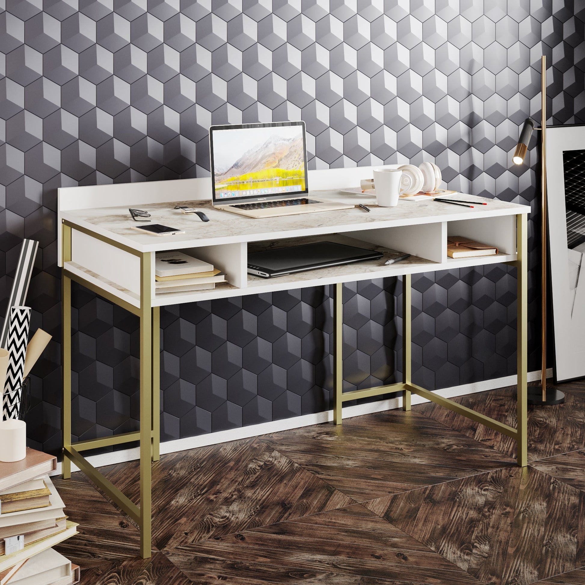 Study Desk Tümata - Gold-TMT47CD01 Gold
White 136 X 66 X 18 by DECOROTIKA | Souqify