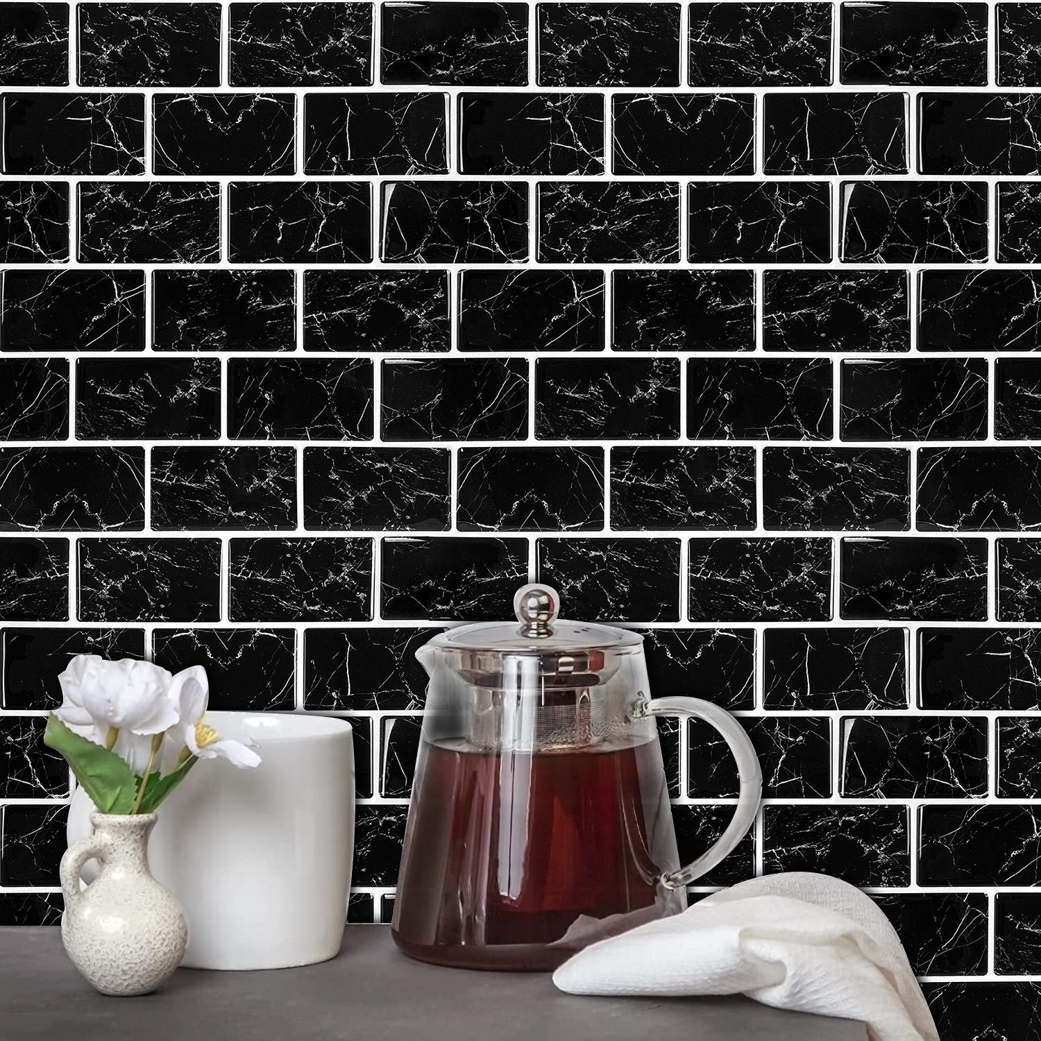 Subway Black Marble Vinyl Tiles T80087 by Vivid Tiles | Souqify