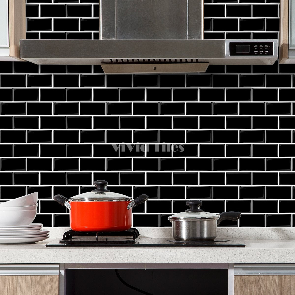 Thick 1.6mm 12.6*10.6 Inch Peel And Stick Black With White Grout Brick Vinyl Wall Tile Home Decor Kitchen Bathroom Living Room VP222 by Vivid Tiles | Souqify