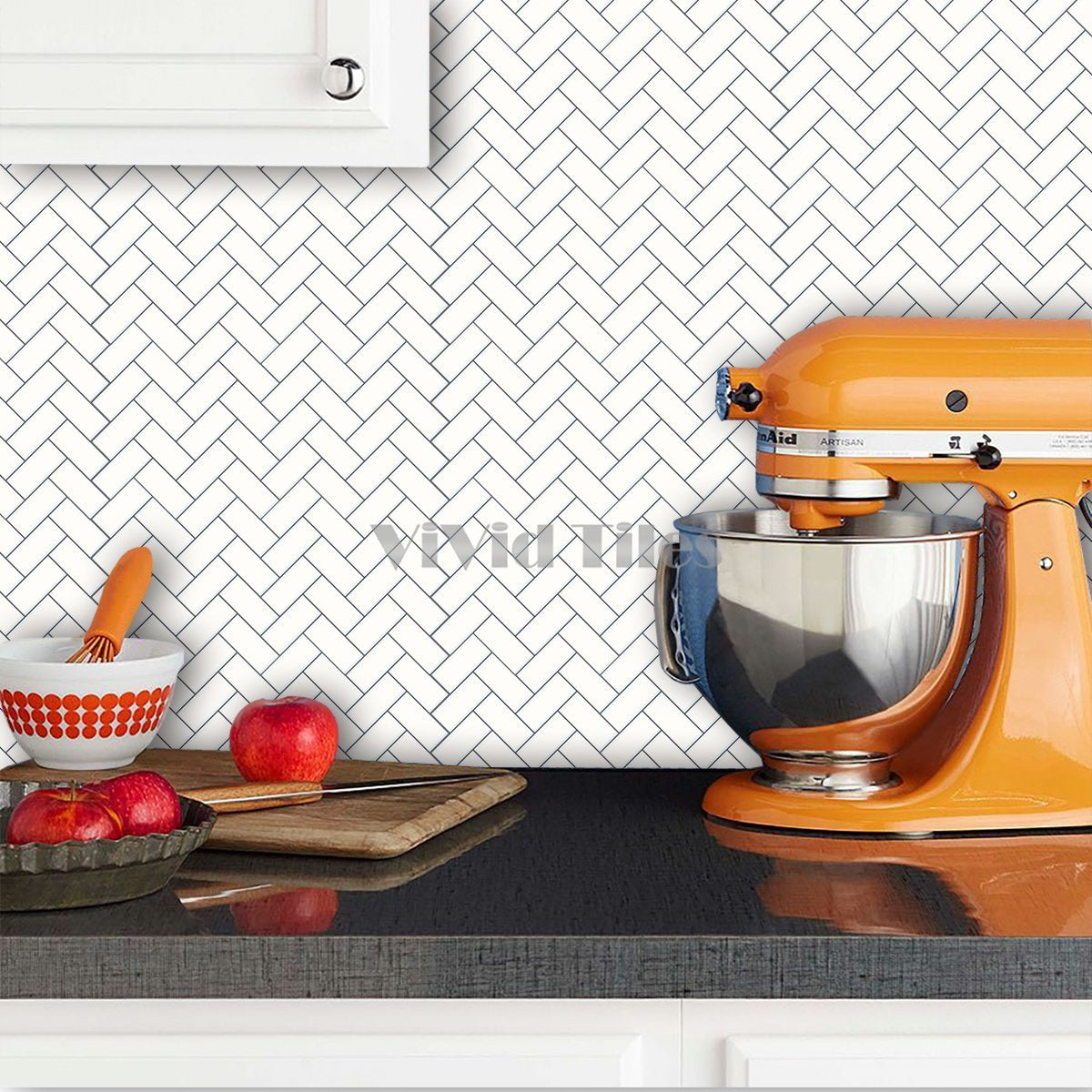 Thick 1.6mm Herringbone 12 X 12 Inch Peel And Stick White With Grey Grout Herringbone Vinyl Wall Tile Home Decor VP402 by Vivid Tiles | Souqify