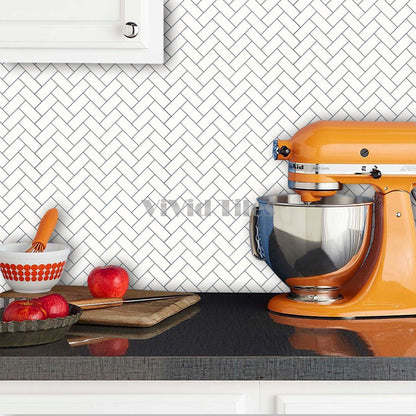 Thick 1.6mm Herringbone 12 X 12 Inch Peel And Stick White With Grey Grout Herringbone Vinyl Wall Tile Home Decor VP402 by Vivid Tiles | Souqify
