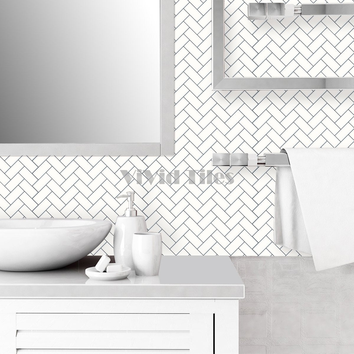 Thick 1.6mm Herringbone 12 X 12 Inch Peel And Stick White With Grey Grout Herringbone Vinyl Wall Tile Home Decor VP402 by Vivid Tiles | Souqify