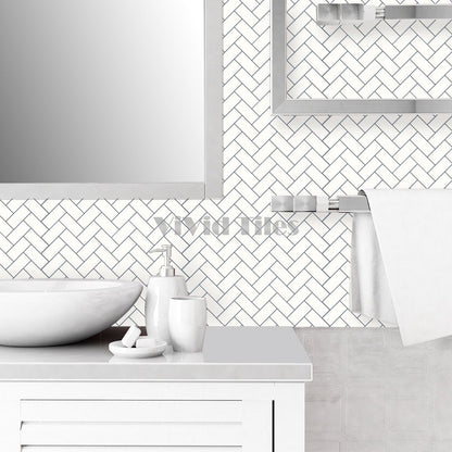 Thick 1.6mm Herringbone 12 X 12 Inch Peel And Stick White With Grey Grout Herringbone Vinyl Wall Tile Home Decor VP402 by Vivid Tiles | Souqify