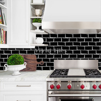 Thicker Upgrade Black Subway Vinyl Tile With White Grout HB216 by Vivid Tiles | Souqify