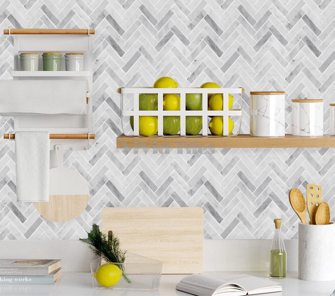Thicker Upgrade Grey Marble Herringbone Vinyl Tile HB404 by Vivid Tiles | Souqify
