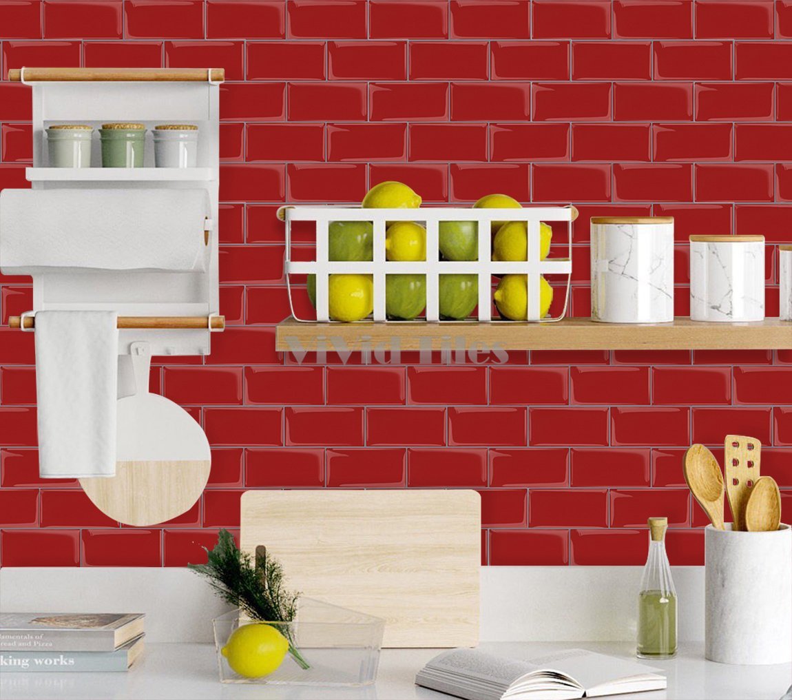Thicker Upgrade Red Subway Vinyl Tile With Grey Grout HB209 by Vivid Tiles | Souqify