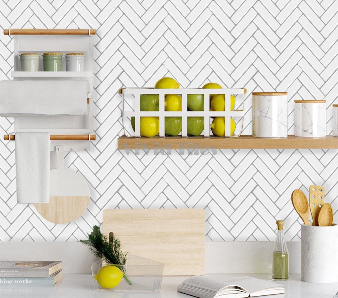 Thicker Upgrade White Herringbone Vinyl Tile HB400 by Vivid Tiles | Souqify