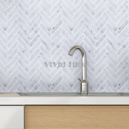 Thicker Upgrade White Marble Herringbone Vinyl Tile HB401 by Vivid Tiles | Souqify
