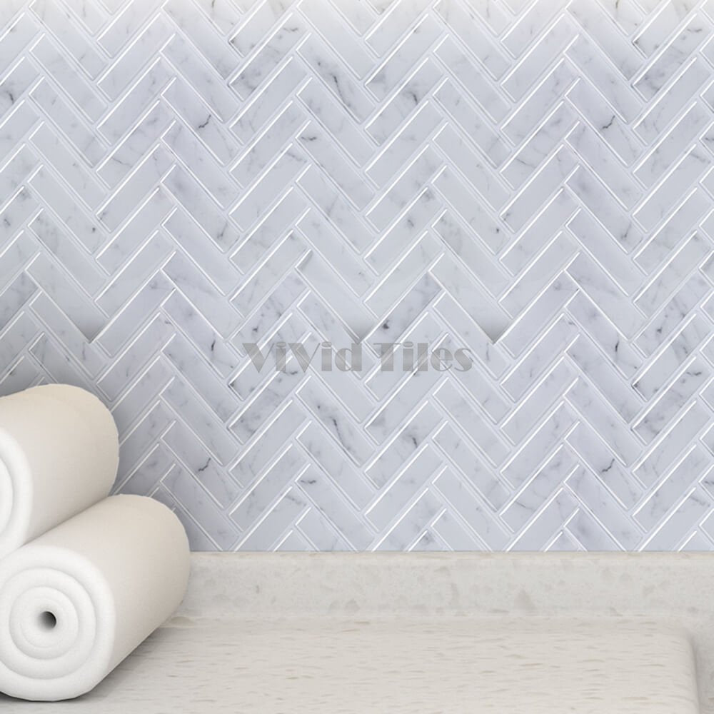 Thicker Upgrade White Marble Herringbone Vinyl Tile HB401 by Vivid Tiles | Souqify