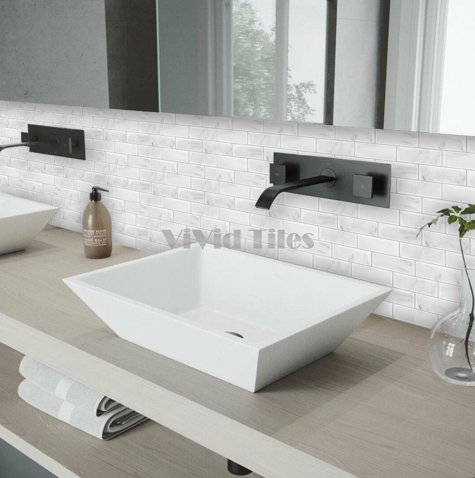 Thicker Upgrade White Marble Subway Vinyl Tile With Grey Grout HB204 by Vivid Tiles | Souqify
