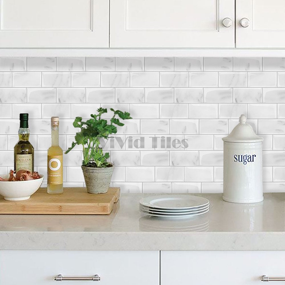 Thicker Upgrade White Marble Subway Vinyl Tile With Grey Grout HB204 by Vivid Tiles | Souqify