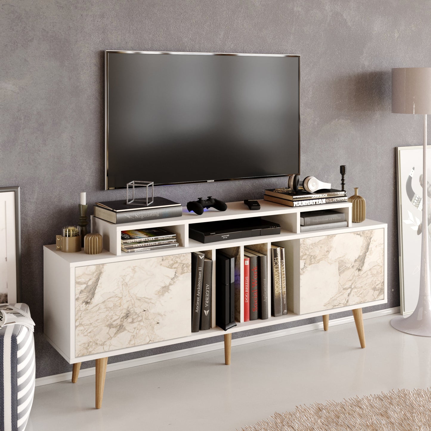 TV Stand Char - White, Ephesus-CHA63TS01 White 172 X 41 X 14 by DECOROTIKA | Souqify