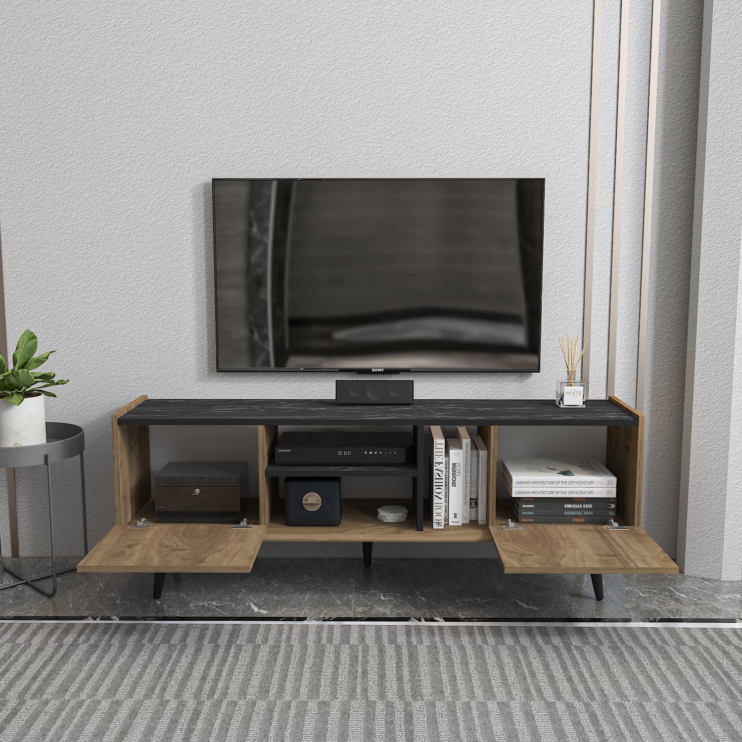 Tv Stand Ekvador Walnut&Bendire-EKV63TS01 Walnut&Bendire 177 X 40 X 14 by DECOROTIKA | Souqify