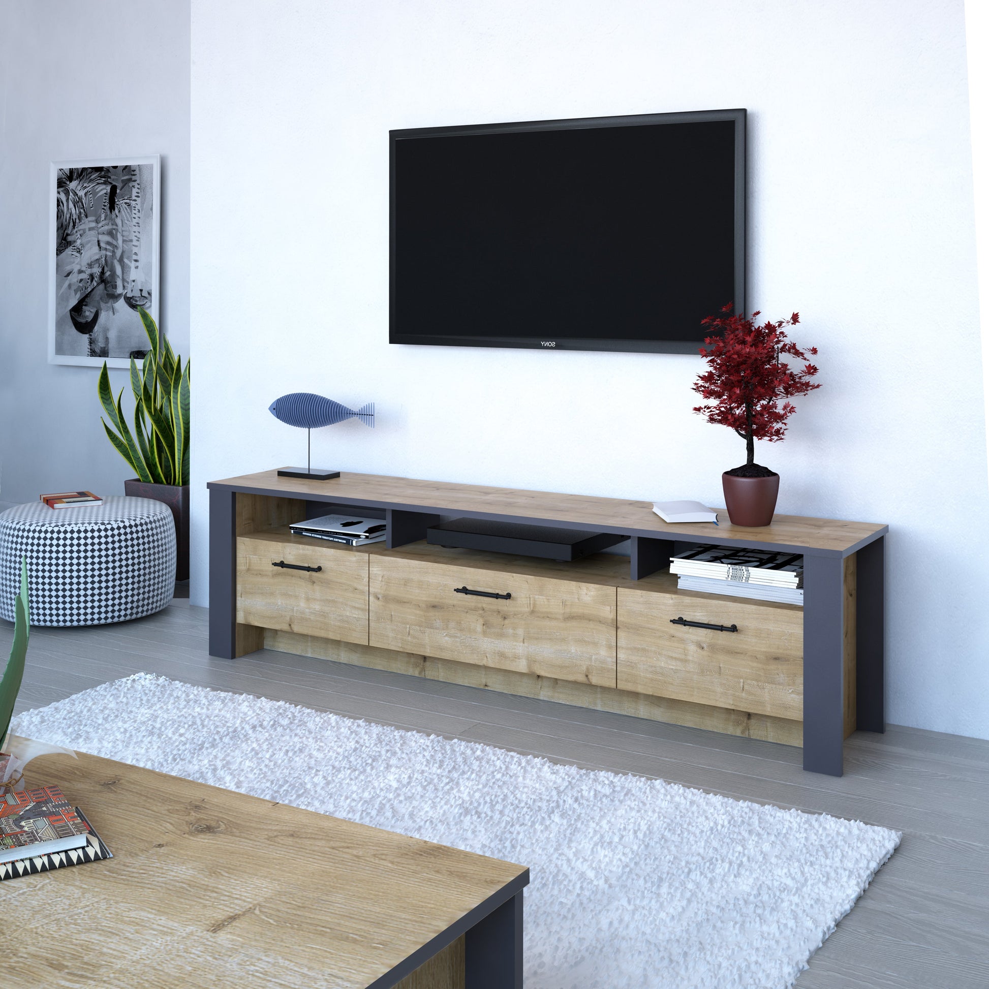 TV Stand Manhattan 180 - Oak-MN71TSB01 Oak
Dark Grey 192 X 40 X 14 by DECOROTIKA | Souqify