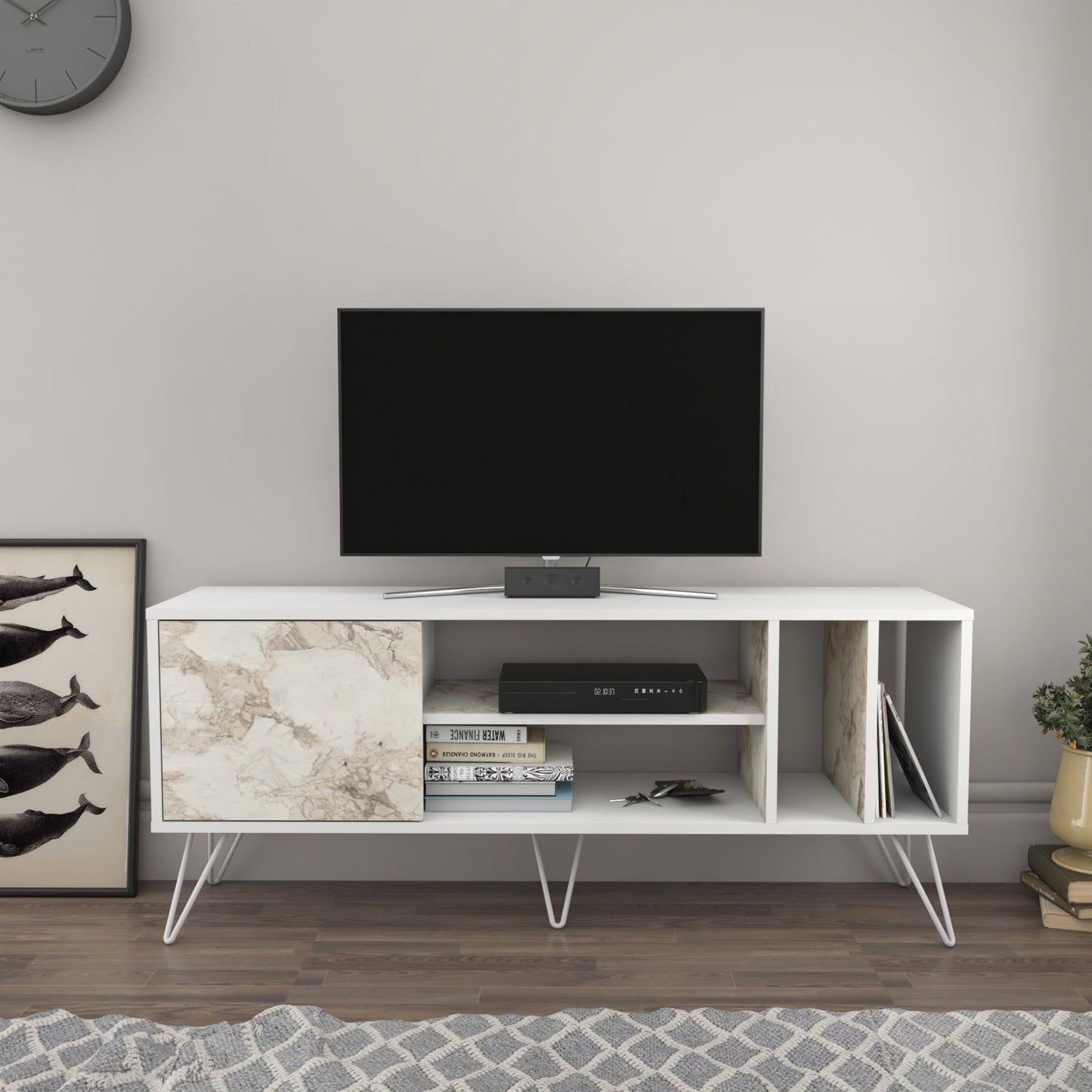 TV Stand Mistico (140)-White,White Marble Effect-MST55TSB03 White,White Marble Effect 152 X 41 X 15 by DECOROTIKA | Souqify