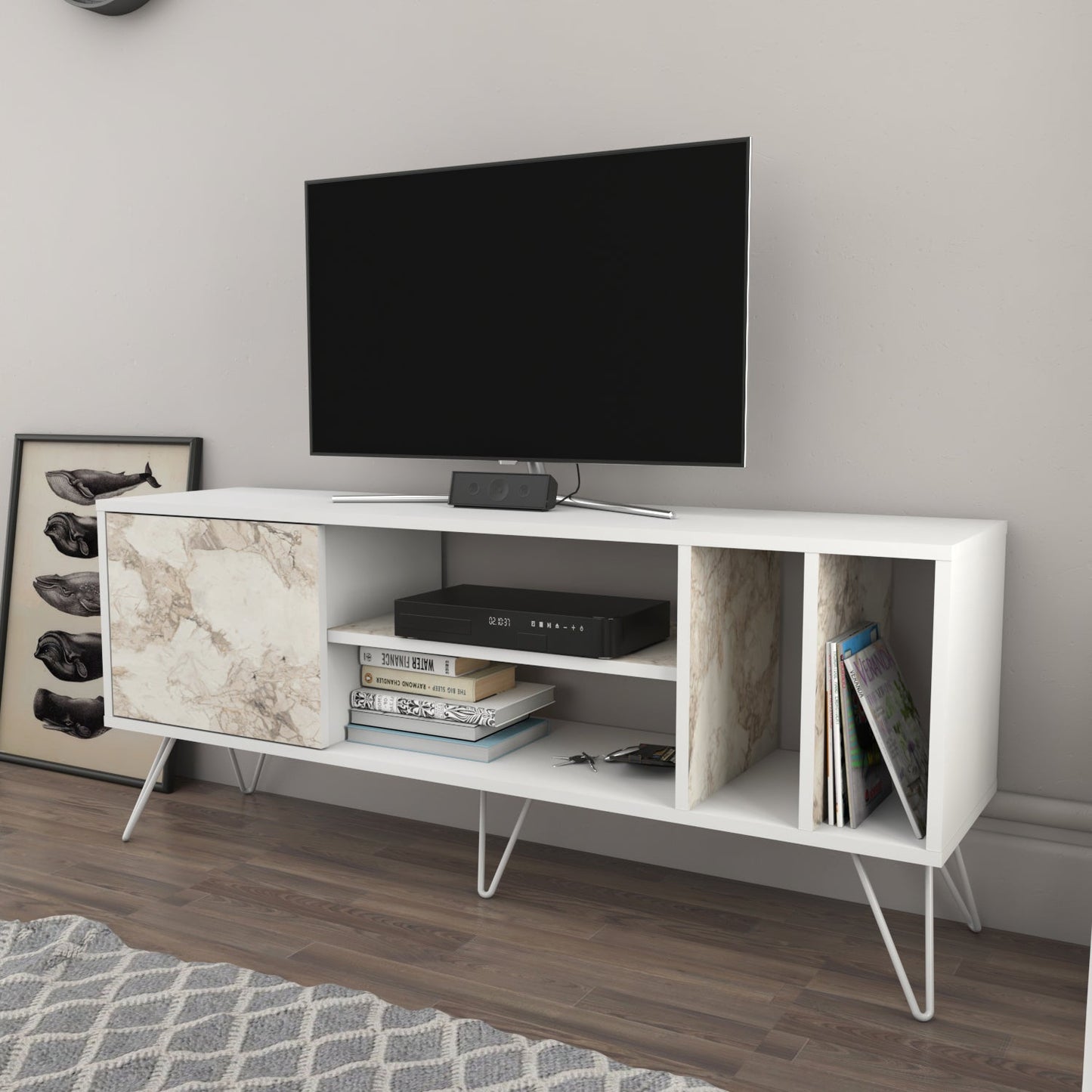 TV Stand Mistico (140)-White,White Marble Effect-MST55TSB03 White,White Marble Effect 152 X 41 X 15 by DECOROTIKA | Souqify