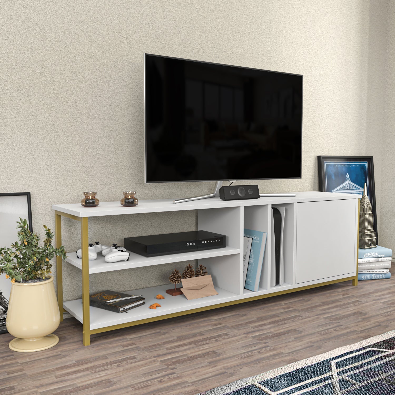 TV Stand Oneida - Gold, White-OTVS3109 Gold
White 169 X 47.2 X 16.6 by DECOROTIKA | Souqify