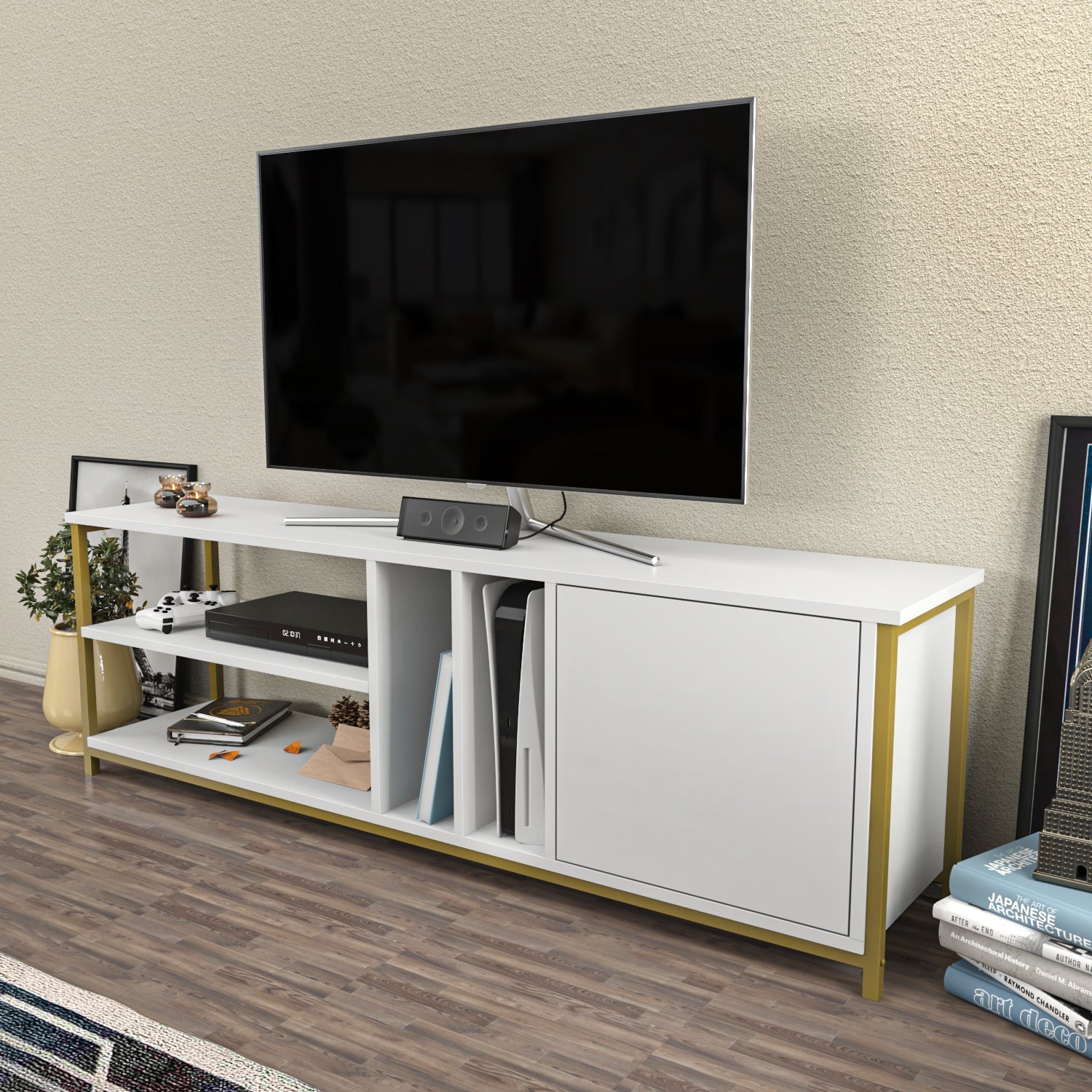 TV Stand Oneida - Gold, White-OTVS3109 Gold
White 169 X 47.2 X 16.6 by DECOROTIKA | Souqify