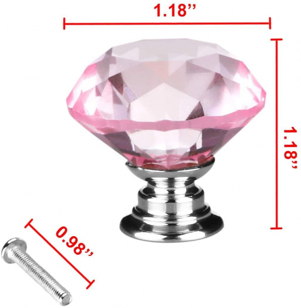 Vila 1003 Diamond Shape Crystal Glass 30mm Kitchen Cabinet Door Drawer Knob Wardrobe Dresser Cabinet Pull Handle with Screws, (1pec) Pink by Vilalock | Souqify
