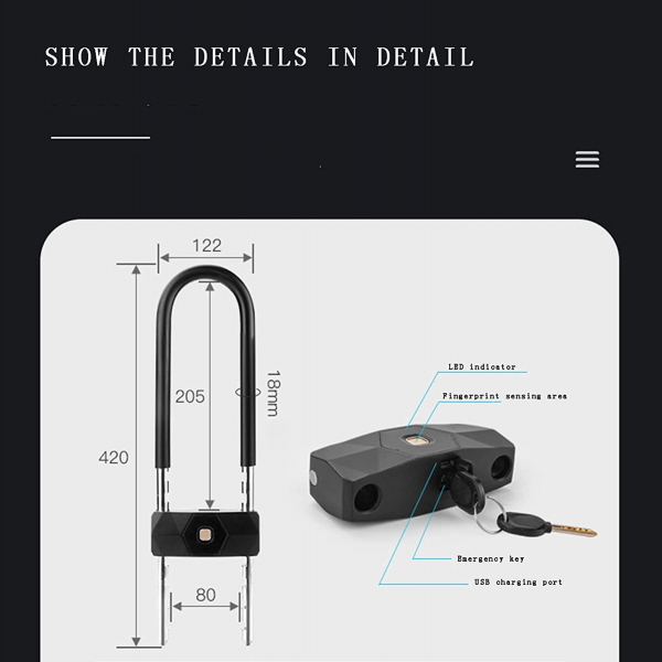 VILA Bicycle U Lock, Bluetooth Fingerprint Padlock, Anti-theft Lock, Supports 3 Unlocking Methods, Can Store 10 Fingerprints, Suitable for Bicycles, Glass Doors, Motorcycles, Offices by Vilalock | Souqify
