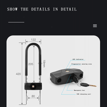 VILA Bicycle U Lock, Bluetooth Fingerprint Padlock, Anti-theft Lock, Supports 3 Unlocking Methods, Can Store 10 Fingerprints, Suitable for Bicycles, Glass Doors, Motorcycles, Offices by Vilalock | Souqify