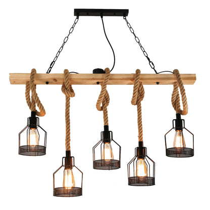 Vintage Hemp Rope Chandelier Cage Hanging Lamp Bar Cafe Lighting Wrought Iron Industrial Style Loft Restaurant Black LED Bedroom by Zhongsan | Souqify