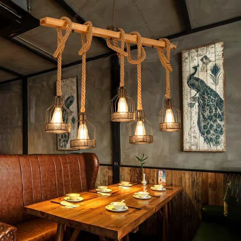 Vintage Hemp Rope Chandelier Cage Hanging Lamp Bar Cafe Lighting Wrought Iron Industrial Style Loft Restaurant Black LED Bedroom by Zhongsan | Souqify