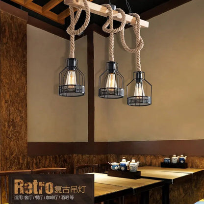 Vintage Hemp Rope Chandelier Cage Hanging Lamp Bar Cafe Lighting Wrought Iron Industrial Style Loft Restaurant Black LED Bedroom by Zhongsan | Souqify