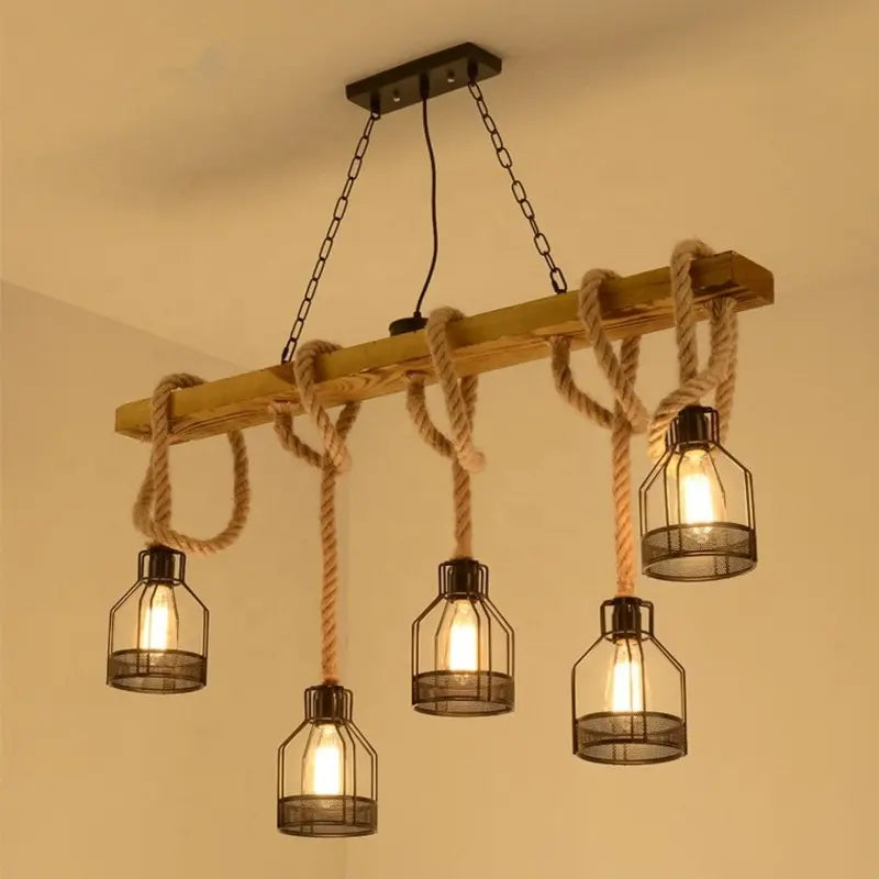 Vintage Hemp Rope Chandelier Cage Hanging Lamp Bar Cafe Lighting Wrought Iron Industrial Style Loft Restaurant Black LED Bedroom by Zhongsan | Souqify