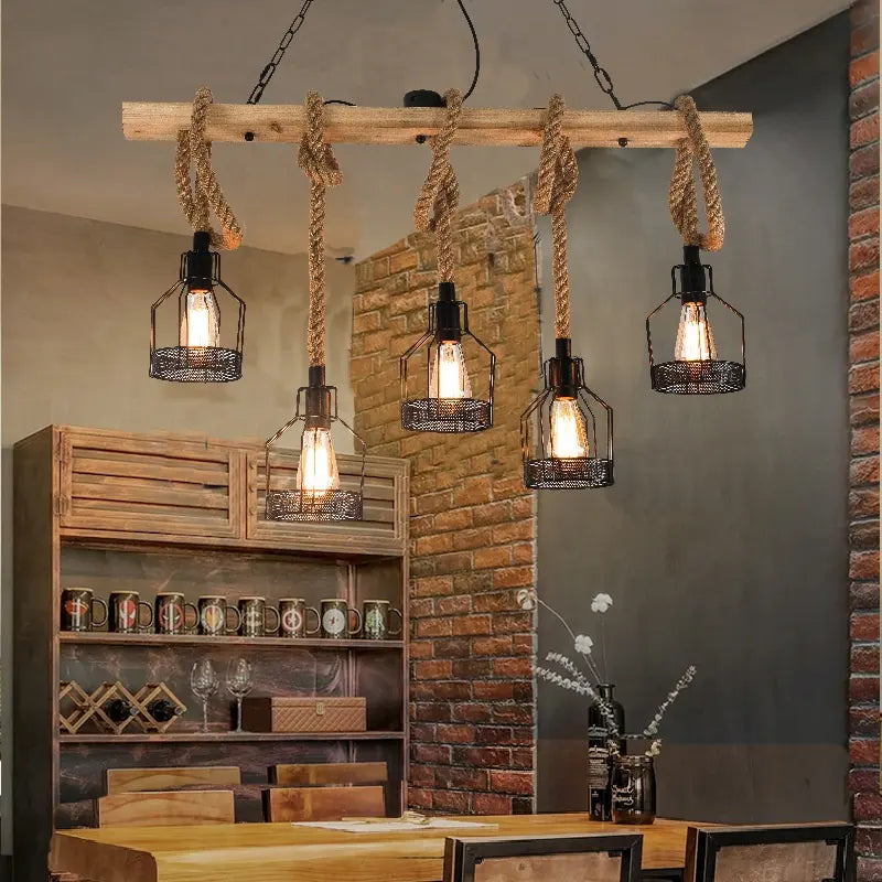 Vintage Hemp Rope Chandelier Cage Hanging Lamp Bar Cafe Lighting Wrought Iron Industrial Style Loft Restaurant Black LED Bedroom by Zhongsan | Souqify