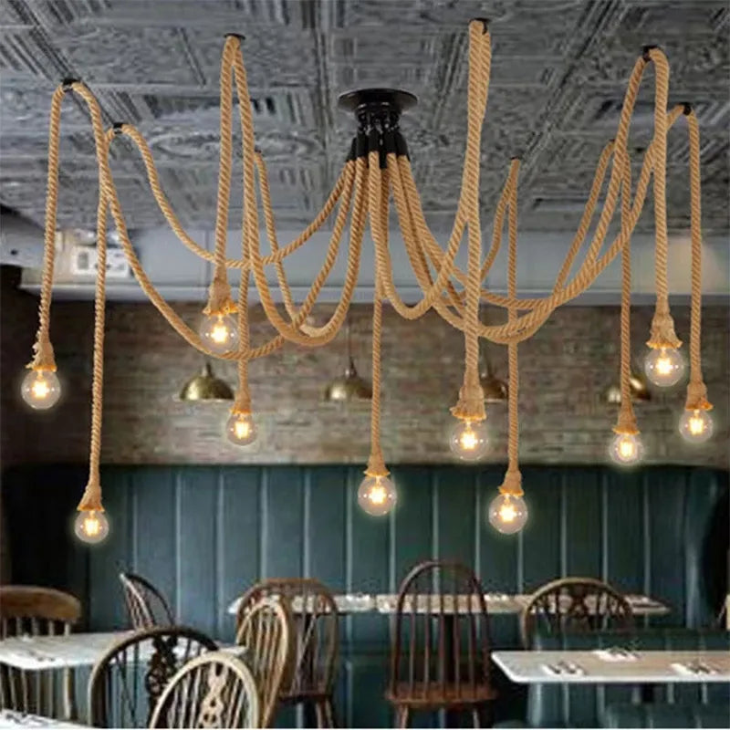 Vintage hemp rope pendant lamp dining room furniture Living room kitchen industrial Spider web Multi-head Retro hanging lights by Zhongsan | Souqify