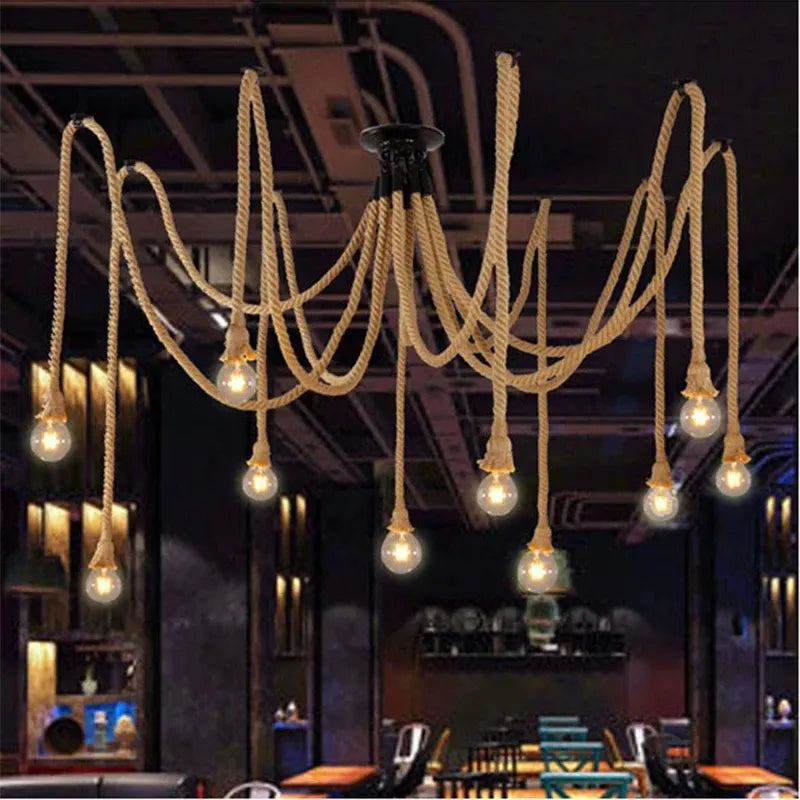 Vintage hemp rope pendant lamp dining room furniture Living room kitchen industrial Spider web Multi-head Retro hanging lights by Zhongsan | Souqify