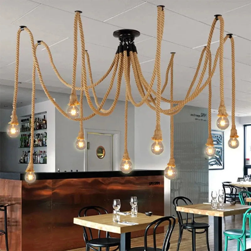 Vintage hemp rope pendant lamp dining room furniture Living room kitchen industrial Spider web Multi-head Retro hanging lights by Zhongsan | Souqify
