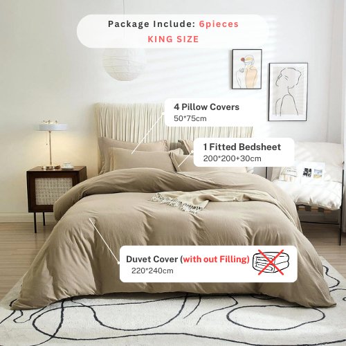 Washable Cotton 6 Piece King Size Duvet Cover Plain Design, Plain Beige Color. by 5 | Souqify