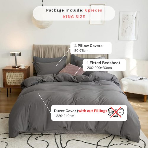 Washable Cotton 6 Piece King Size Duvet Cover Plain Design, Plain Dark Gray Color. by 5 | Souqify