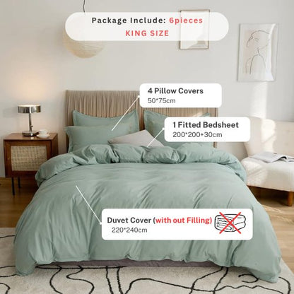 Washable Cotton 6 Piece King Size Duvet Cover Plain Design, Plain Green Color. by 5 | Souqify