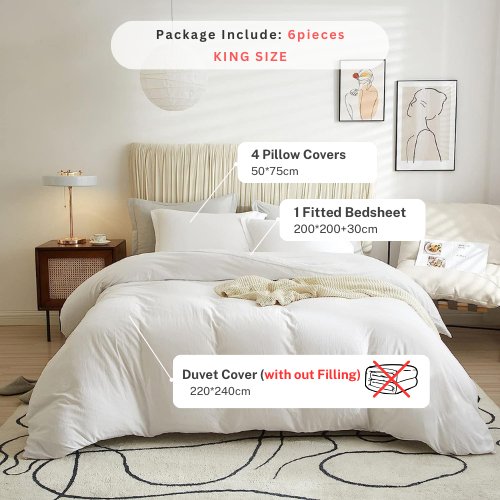 Washable Cotton 6 Piece King Size Duvet Cover Plain Design, Plain Snow White Color Design White. by 5 | Souqify