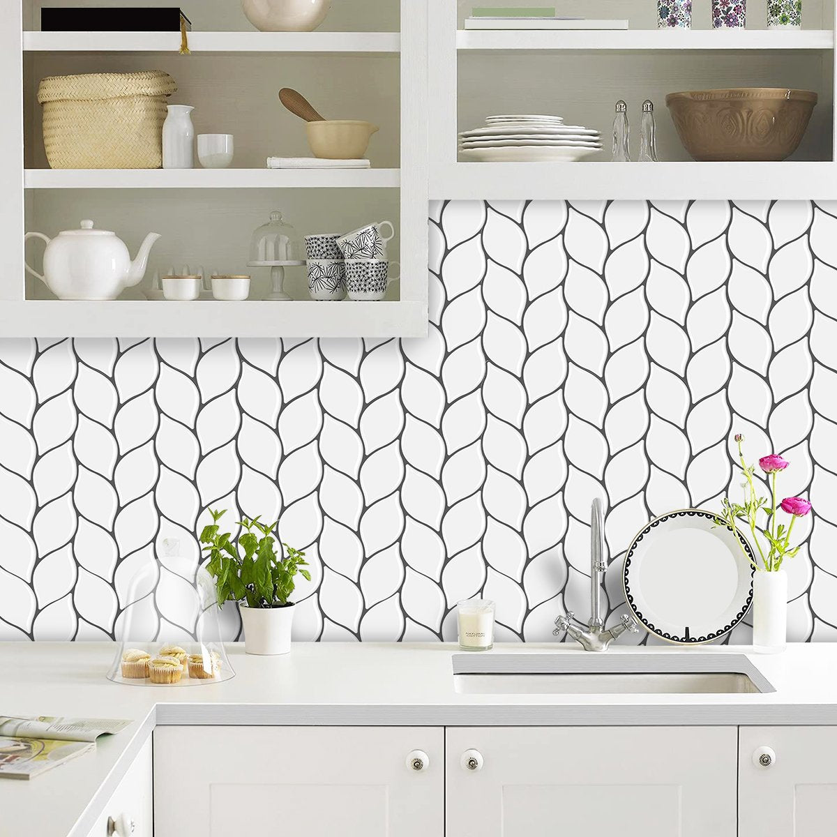 White Leaf Vinyl Tile with Grey Grout T80039 by Vivid Tiles | Souqify