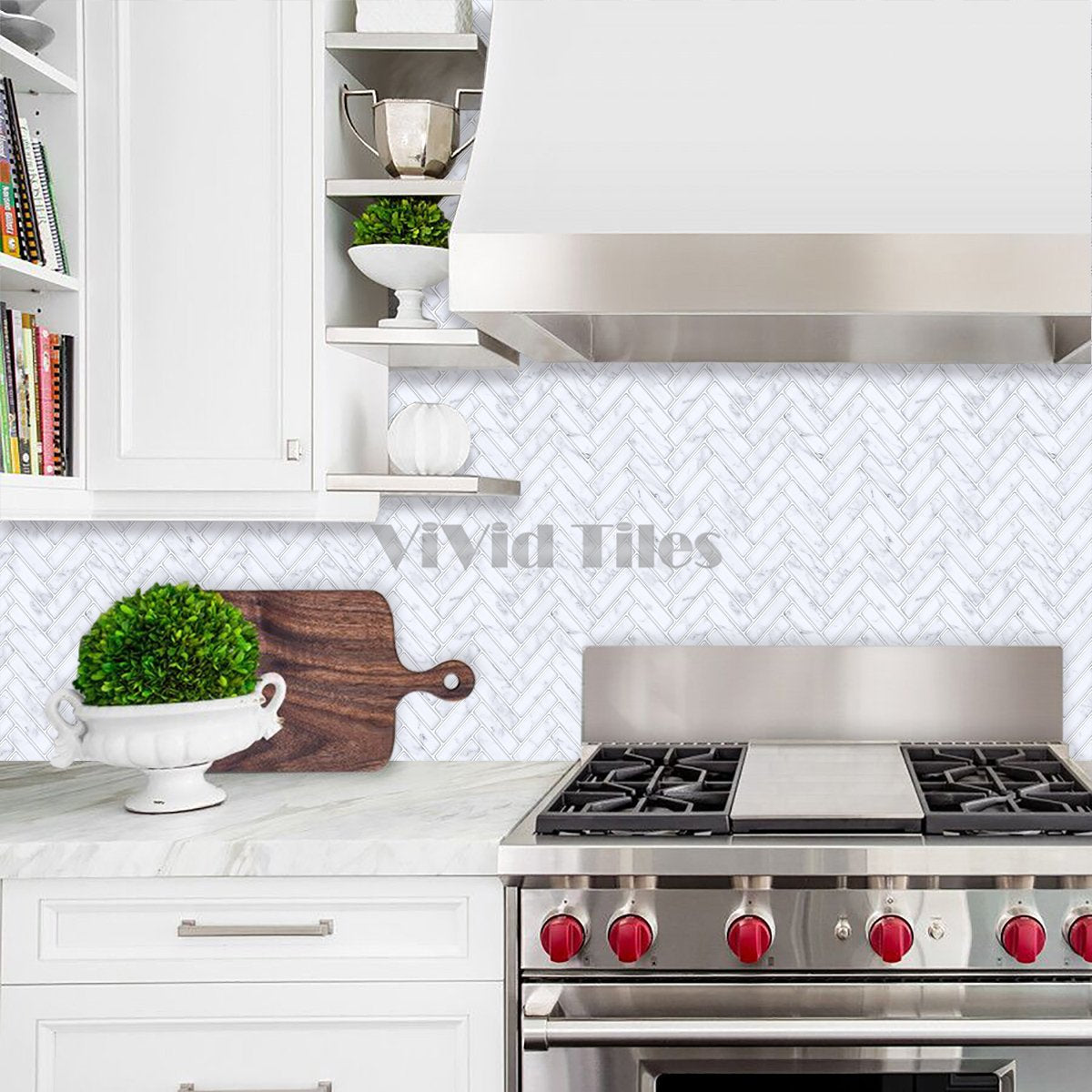 White Marble Herringbone Vinyl Tile T80048 by Vivid Tiles | Souqify