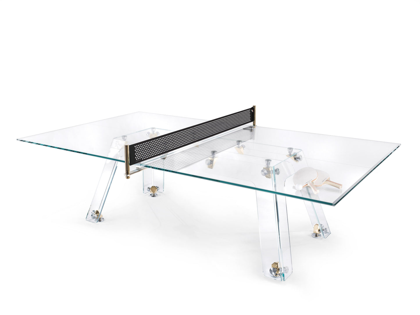 Olympic size ping pong table with a clear low-iron glass surface and gold plated components, featuring a black Alcantara net and chrome legs.