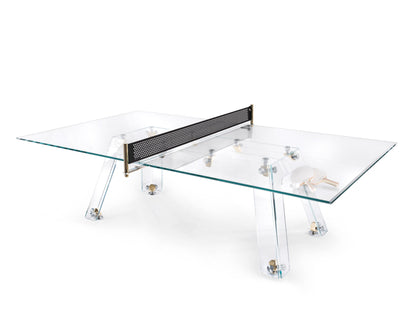Olympic size ping pong table with a clear low-iron glass surface and gold plated components, featuring a black Alcantara net and chrome legs.
