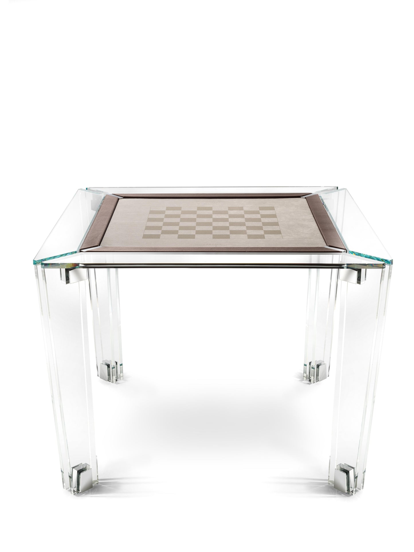 A clear glass shuffleboard table with a brown leather top and metal legs, set against a white background.
