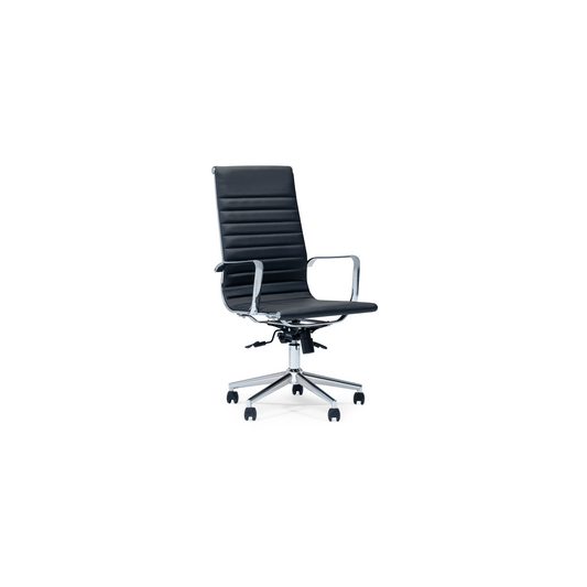 A black office chair with a hard backrest and seat, featuring a five-point wheeled base- Bold Executive High-Back Chair – Black Leather, Chrome Base