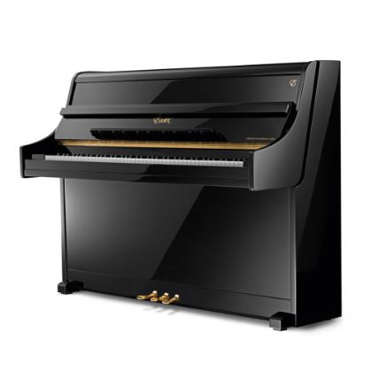 A black Essex EUP108C upright piano with a music stand and three pedals.