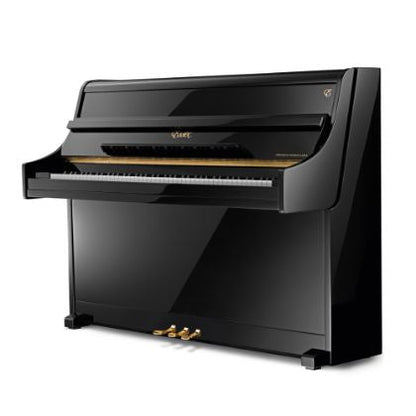 A black Essex EUP108C upright piano with a music stand and three pedals.