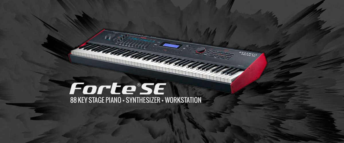 Kurzweil Forte SE stage digital piano with a black and red design, featuring a display and various control buttons.
