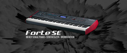 Kurzweil Forte SE stage digital piano with a black and red design, featuring a display and various control buttons.