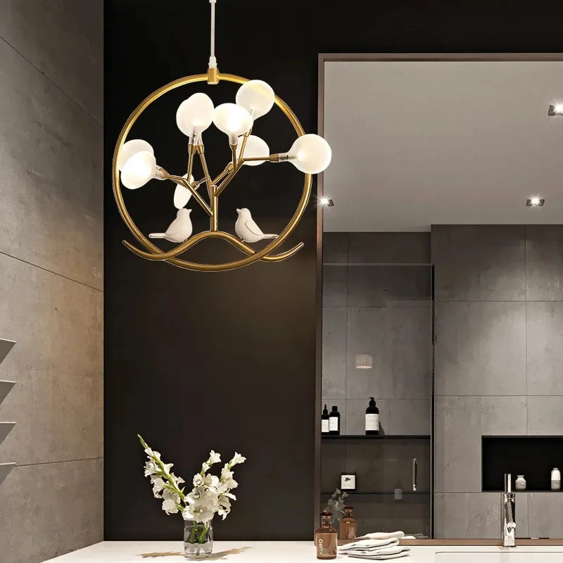 Nordic Design Tree Branch Chandelier Bird Cage Lamp Fixture Indoor Home Kitchen Dining Room Restaurant LED Bedroom Iron
