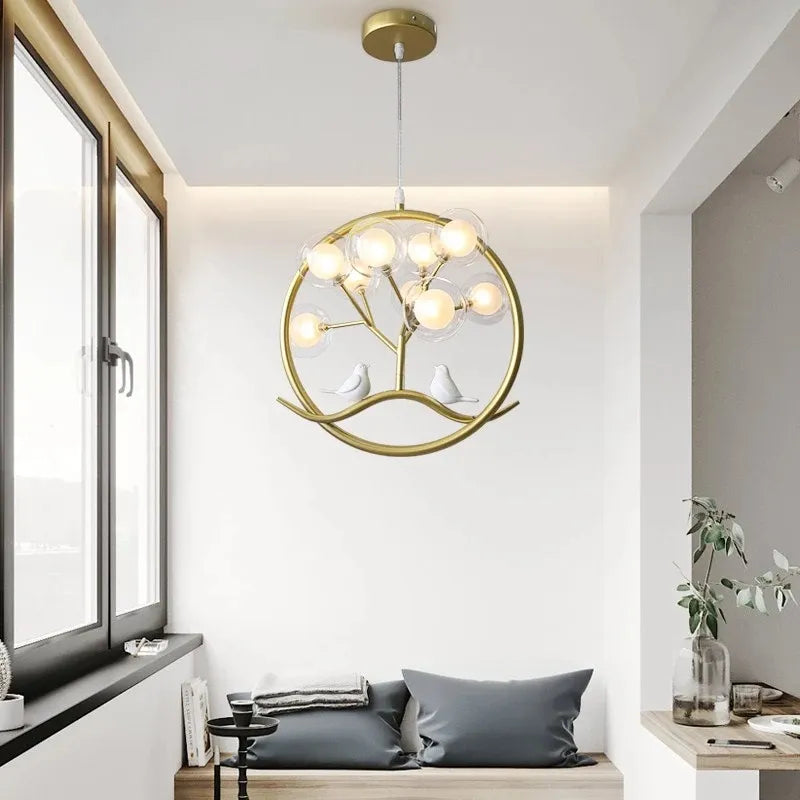 Nordic Design Tree Branch Chandelier Bird Cage Lamp Fixture Indoor Home Kitchen Dining Room Restaurant LED Bedroom Iron
